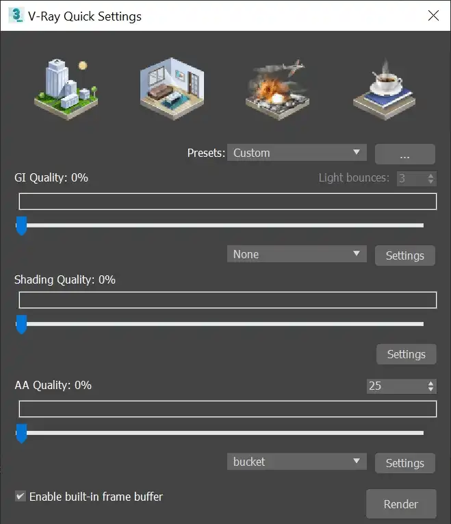 Screenshot of Quick V-Ray render settings of V-Ray Toolbar option.