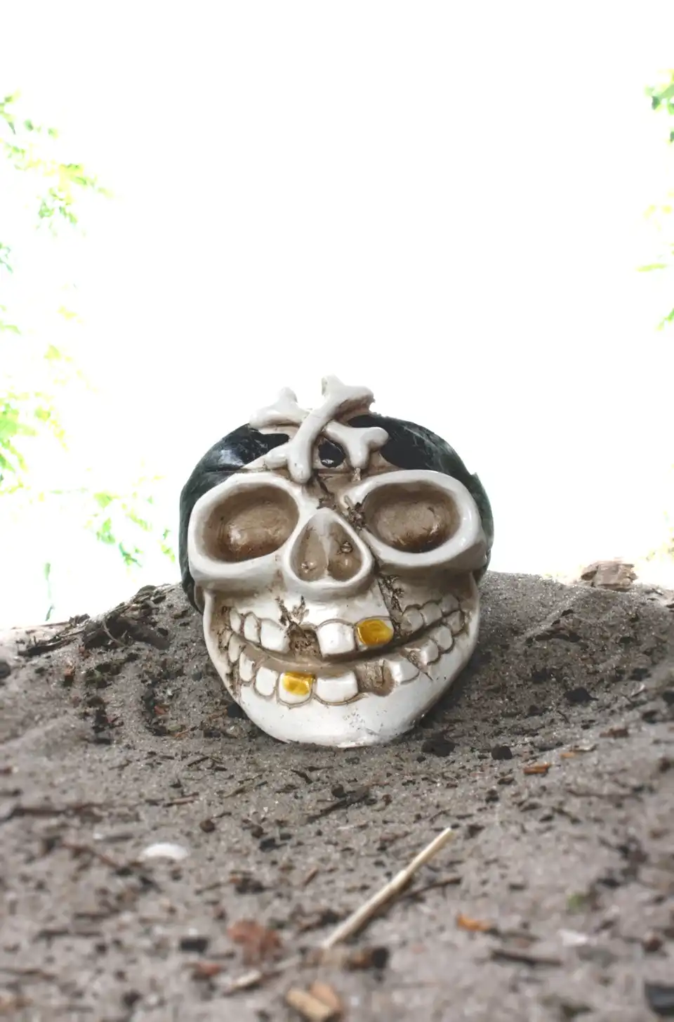 Real photo with a skull ceramic moneybox on the beach with an overexposed river and sky in the background.
