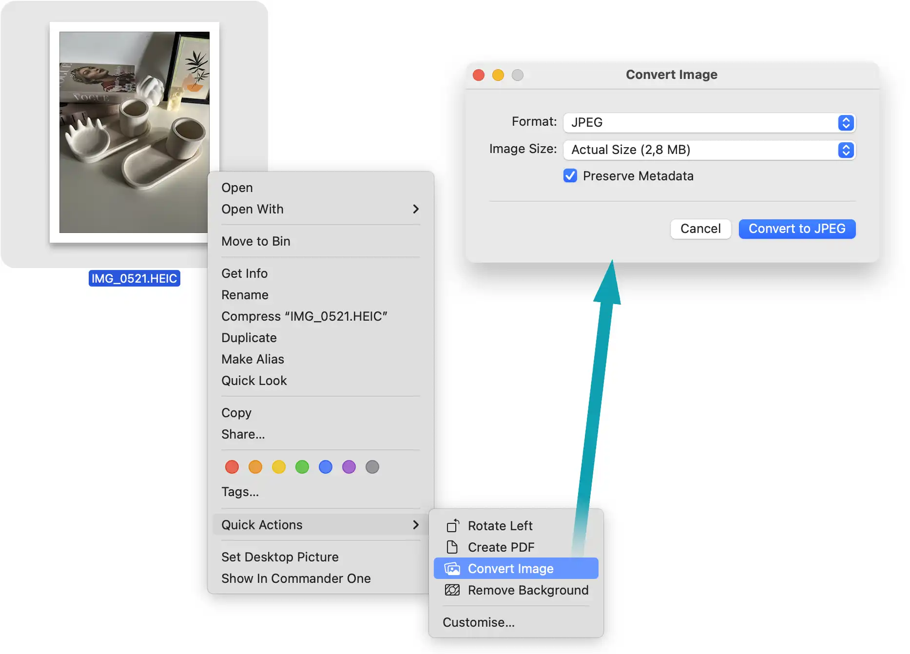 Using Finder's Quick Action to convert HEIC to JPEG on Mac