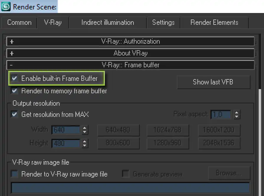 Screenshot showing of how to enable V-Ray Frame Buffer in 3ds Max render settings.