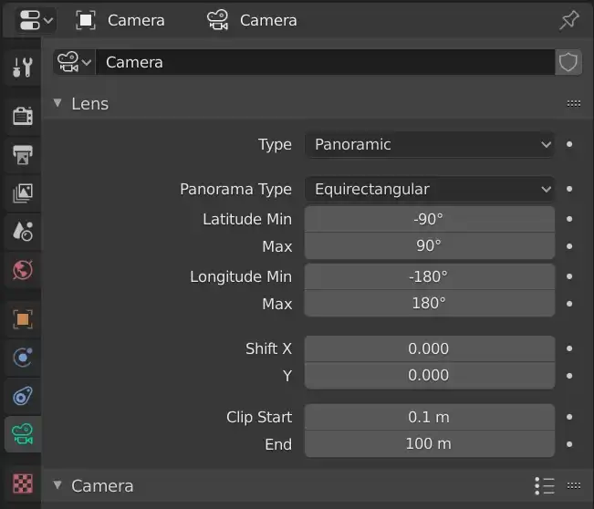 Screenshot of the Blender 3d software user interface, showing the settings for panoramic equirectangular camera lens for Cycles renderer.