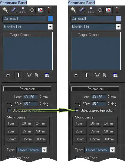 Instructions on how to enable orthographic projection option in a standard 3ds Max target camera.