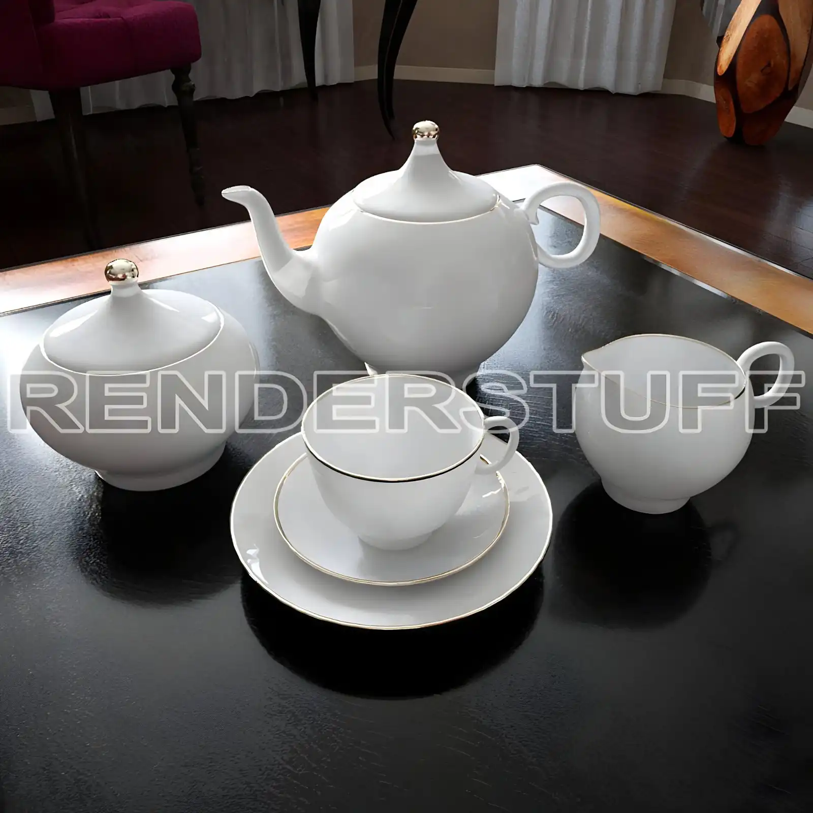 Antique white porcelain coffee tea set 3D model with gold knobs and rims on a dark glossy table