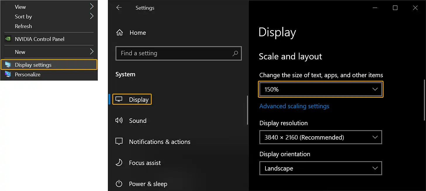Screenshot with explanation of how to set different Display Scaling in OS Windows for High-DPI display.