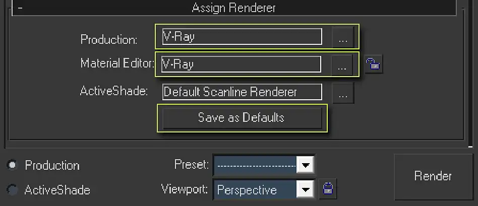3ds max Assign Renderer rollout, showing Production, Material Editor, and ActiveShade default renderer options.