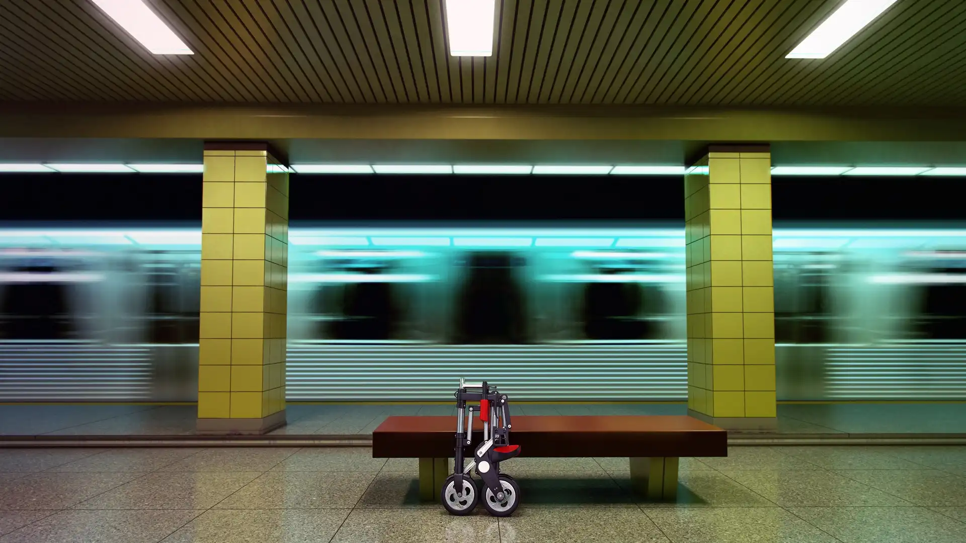 Photorealistic 3D rendering of a folded bicycle left near a bench at a subway station.