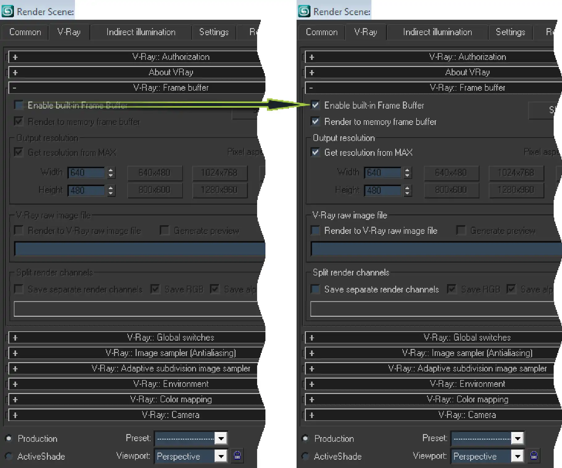 Instruction of how to Enable build-in Frame buffer of V-Ray. Screenshot of Render Scene 3ds Max dialog.