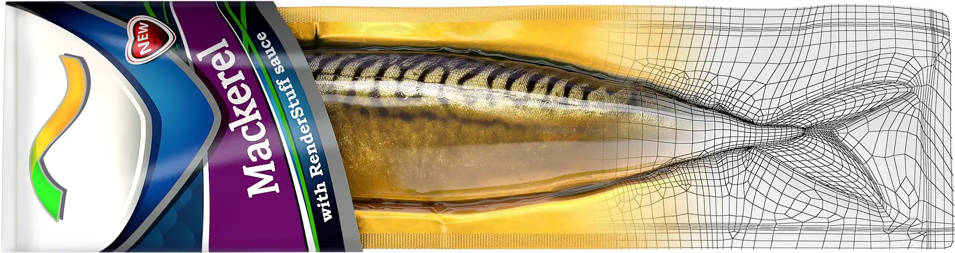 Photorealistic 3D-visualization of packaged mackerel 3D-model with smooth transition into a wireframe.