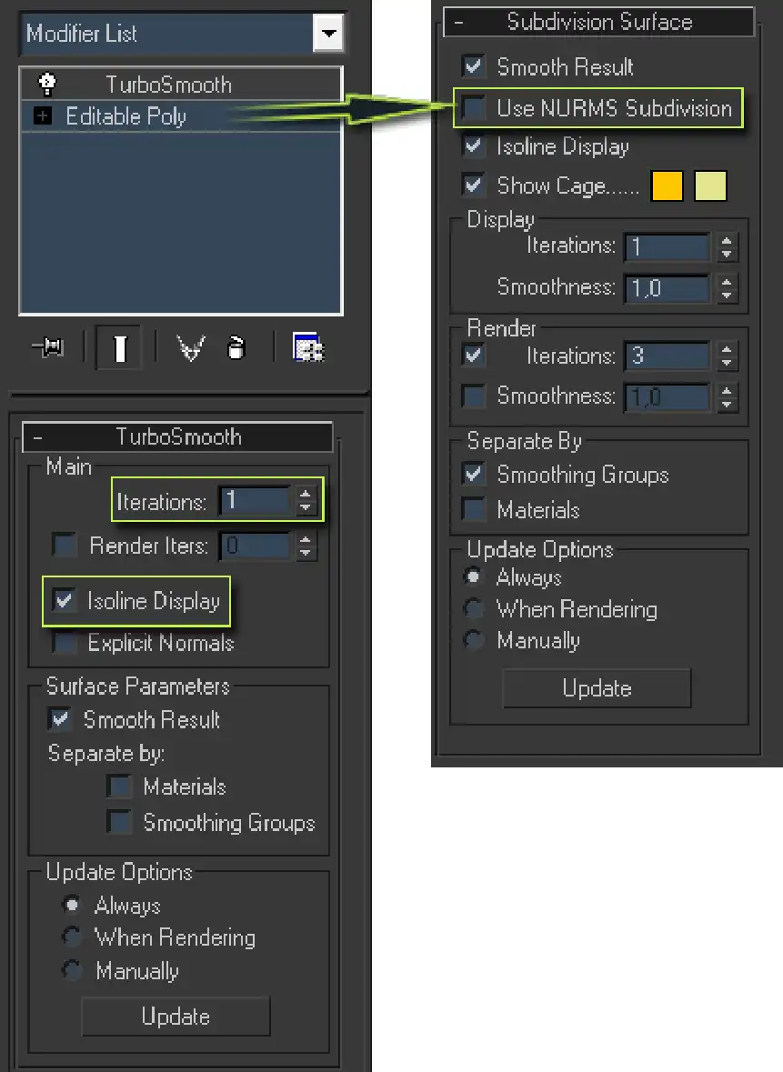 Screenshot of 3ds Max TurboSmooth modifier in Isoline display mode, placed on top of Editable Poly with NURMS subdivision enabled.