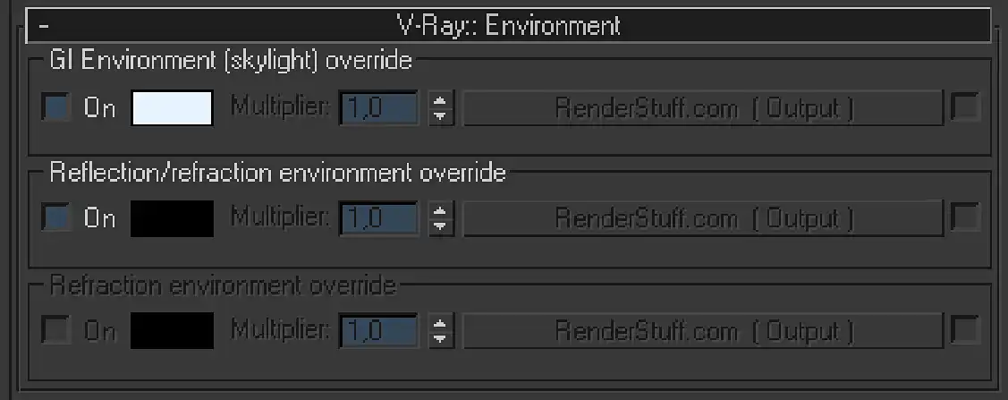 V-Ray Environment screenshot, showing GI (skylight), Reflection/refraction and Reflection environment override options.