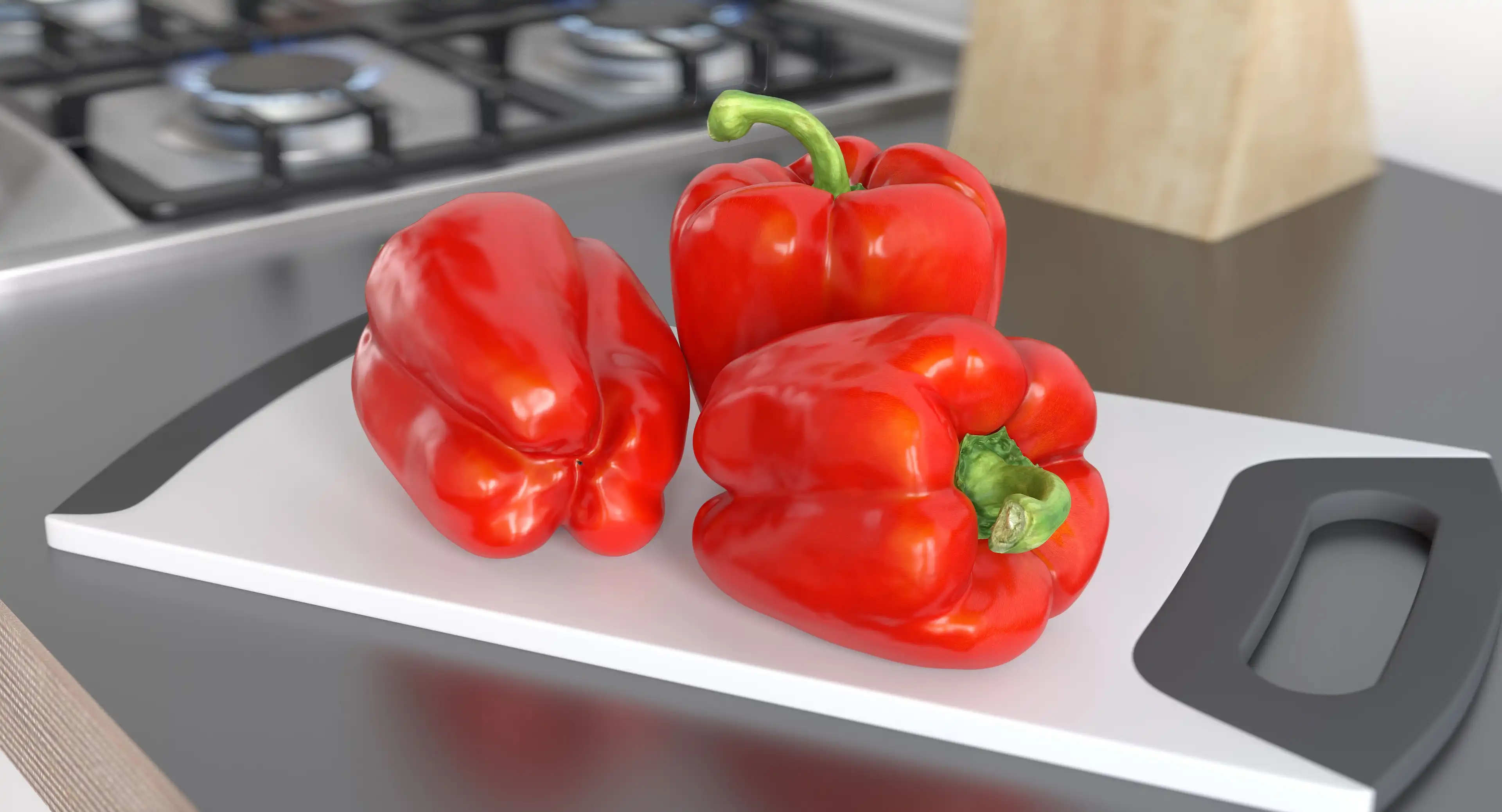 3D rendering of three red bell peppers lying on a cutting board in the kitchen. It is an example of using Red Bell Pepper 3D Model in archtectural scene.