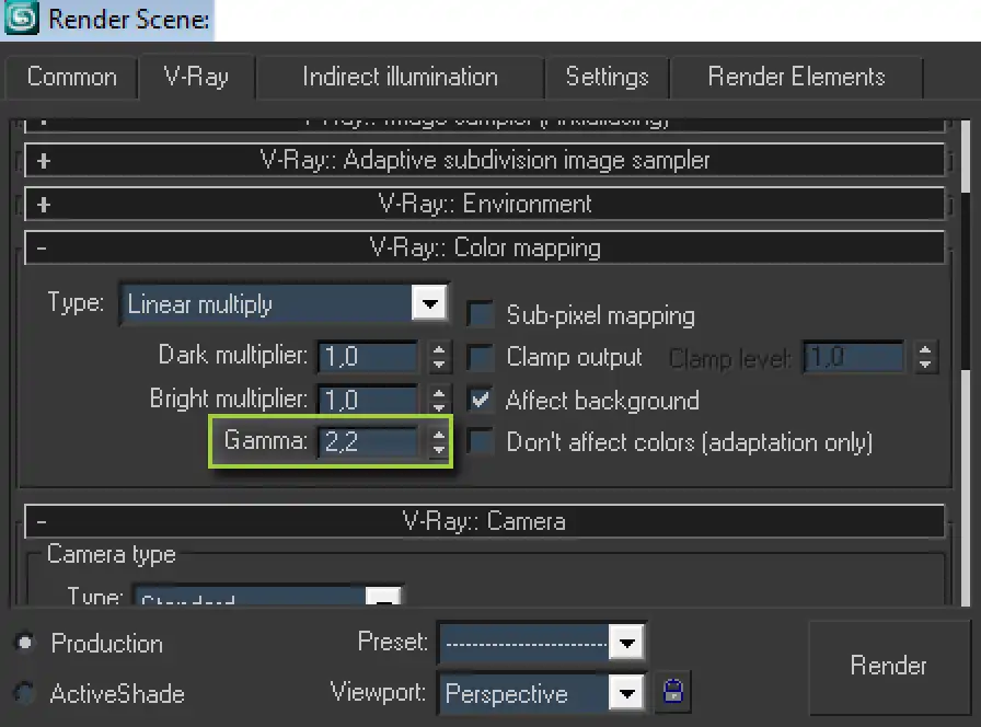 Screenshot of 'V-Ray:: Color Mapping' rollout in 'Render Scene' 3ds Max panel with 'Gamma' set to 2.2.