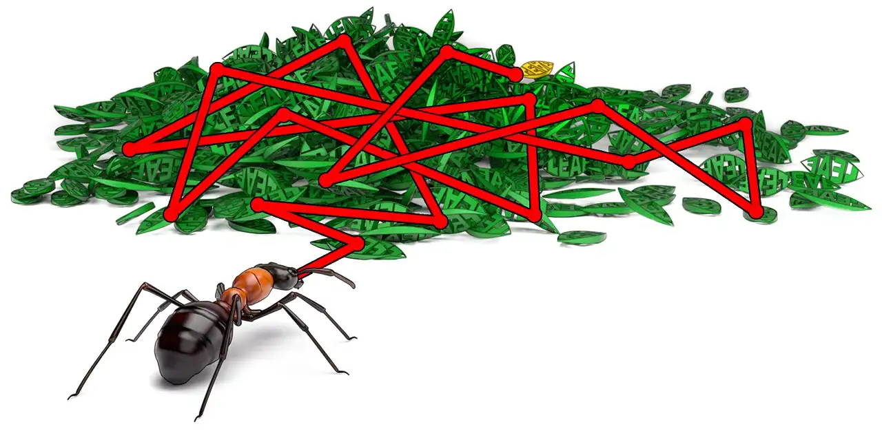 Allegory showing disorganized data as a pile of leaves, and a raycaster as an ant looking for certain leaf in a pile.