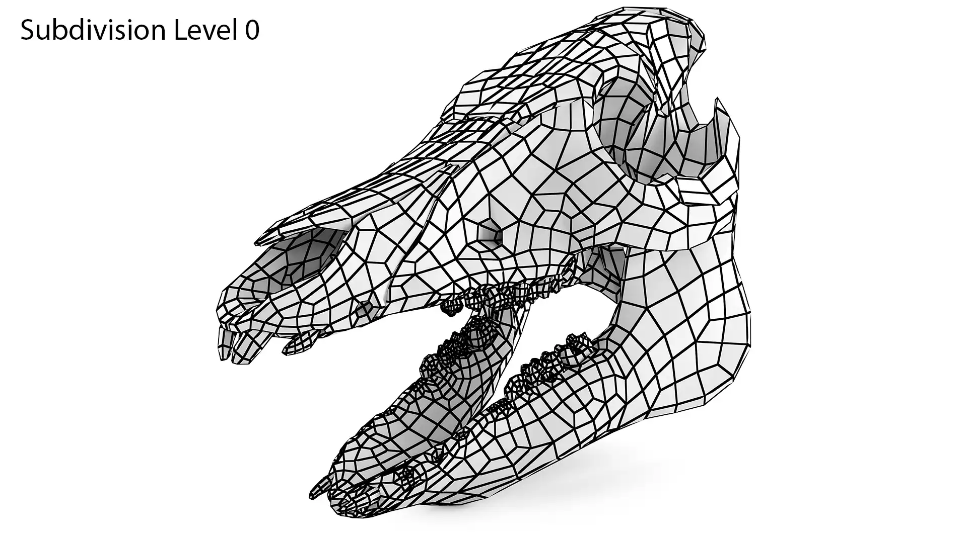 Wireframe rendering of pig skull 3d model base mesh with perfect handmade quad-based subdivision ready low poly topology. Real time lightweight game ready 3d model.