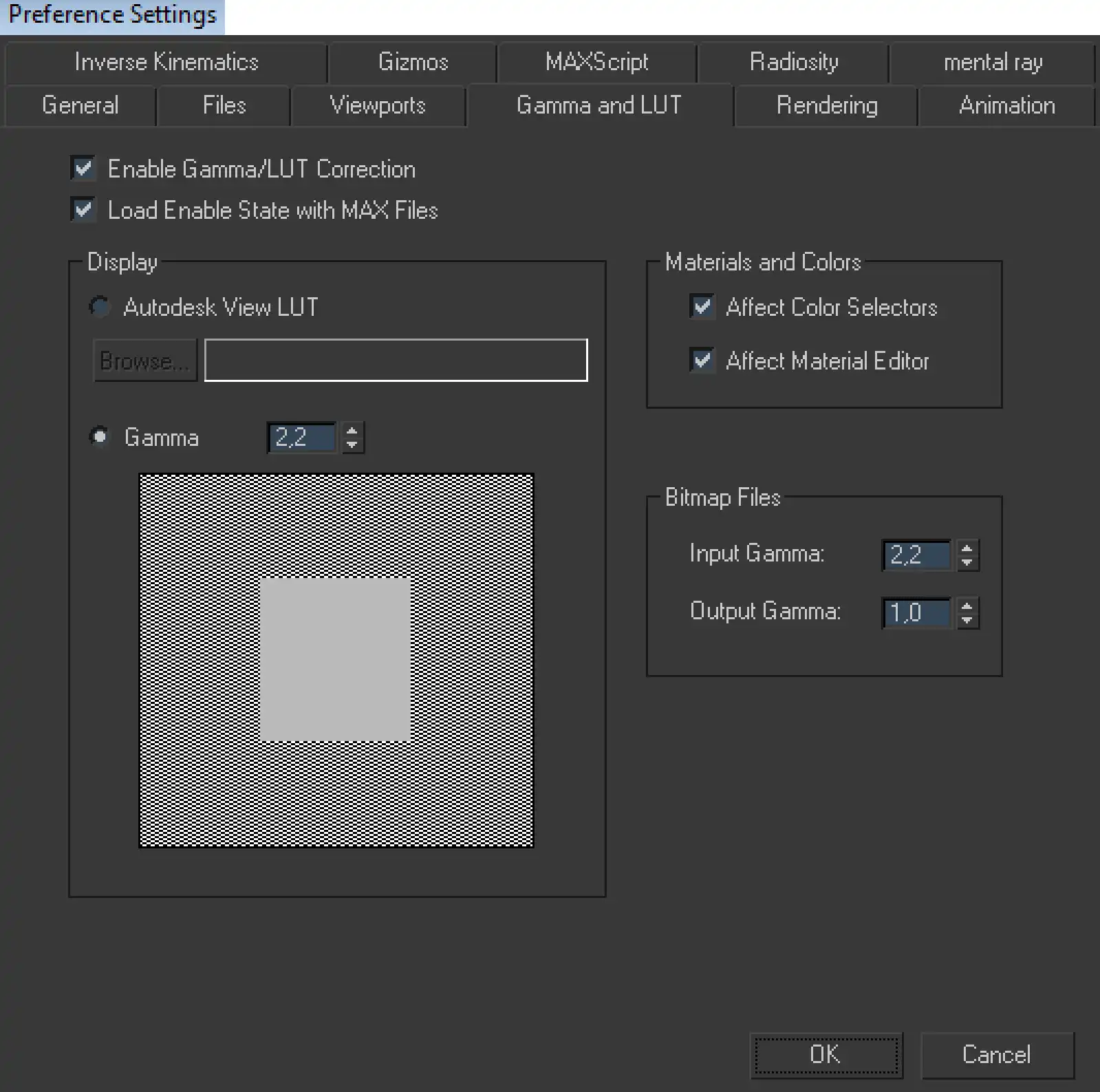 Screenshot of Gamma and LUT tab in 3ds Max Preference Settings window with right gamma 2.2 setups for Gamma, Input Gamma and Output Gamma.