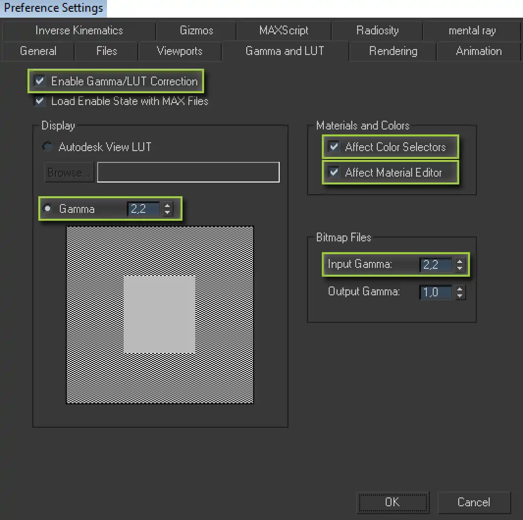 A screenshot showing all the check marks and values ​​must be set to enable gamma correction 2.2 for input and output maps in the 3ds max Look-Up Table located in Preferences Settings menu.