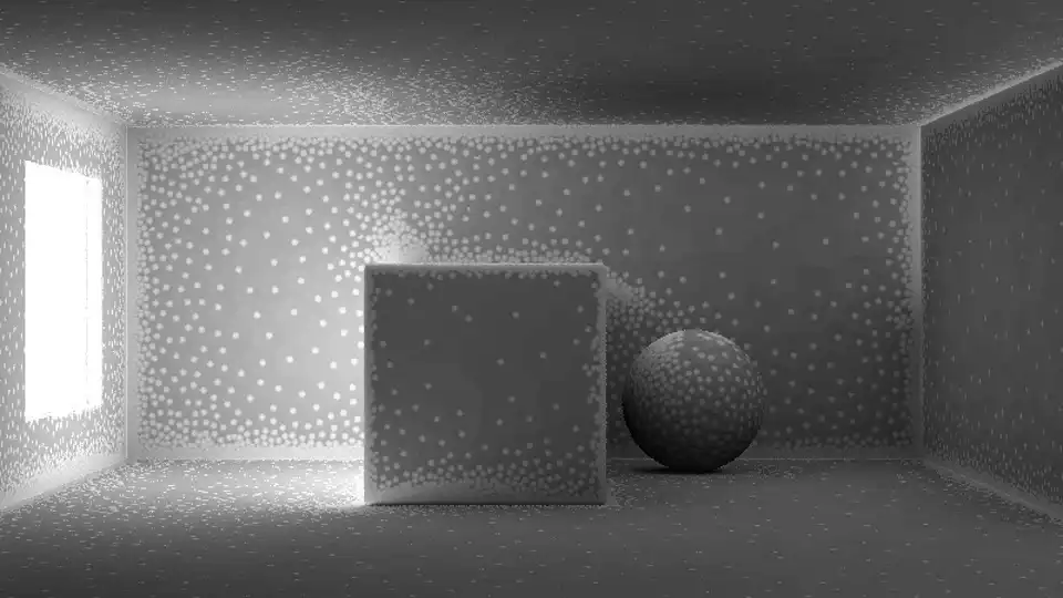 Test scene rendering, which shows the distribution of Irradiance map samples on the surfaces of 3D scene objects.