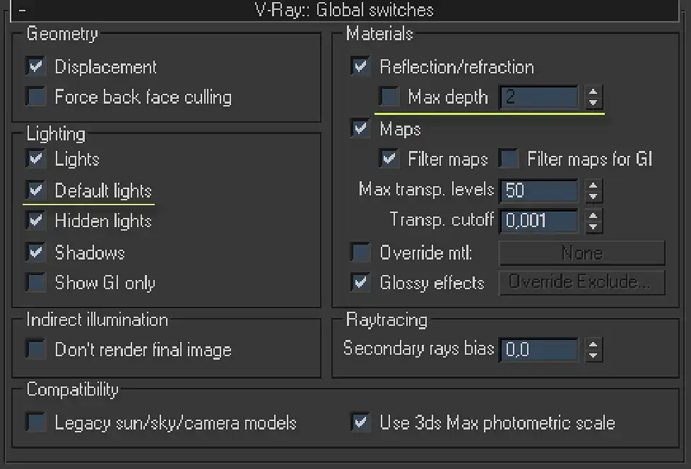 Screenshot of V-Ray Global switches rollout showing Default lights and Max depth options universal settings.