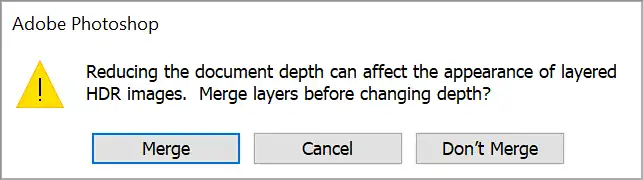 Reducing the document depth can affect the appearance of layered HDR images. Merge layers before changing depth?