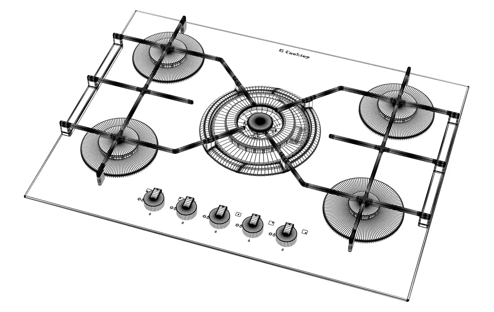 Wireframe rendering of a 3d model of a black hob with a large gas burner in a white studio. Perspective view.