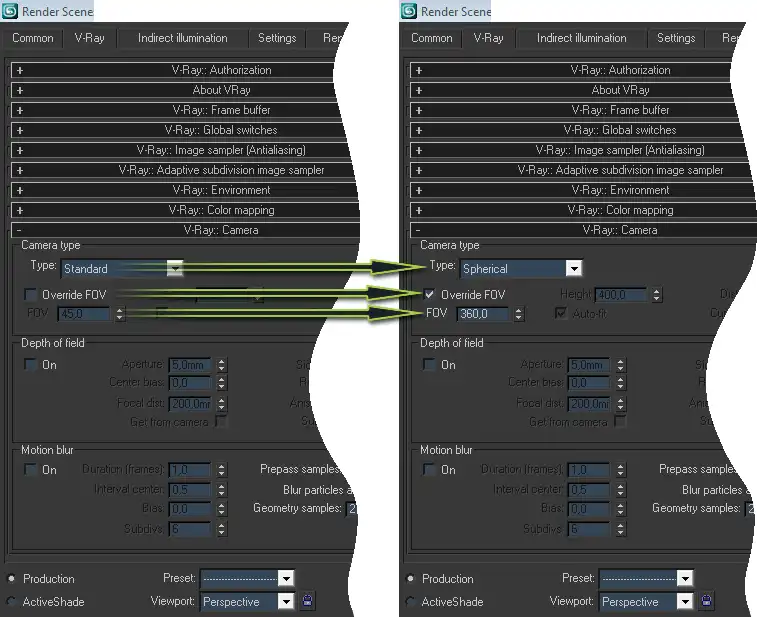 Screenshot of 3ds Max render settings which shows how to set V-Ray:: Camera Type to Spherical and Override FOV by value of 360 degrees in V-Ray tab of Render Scene dialog.