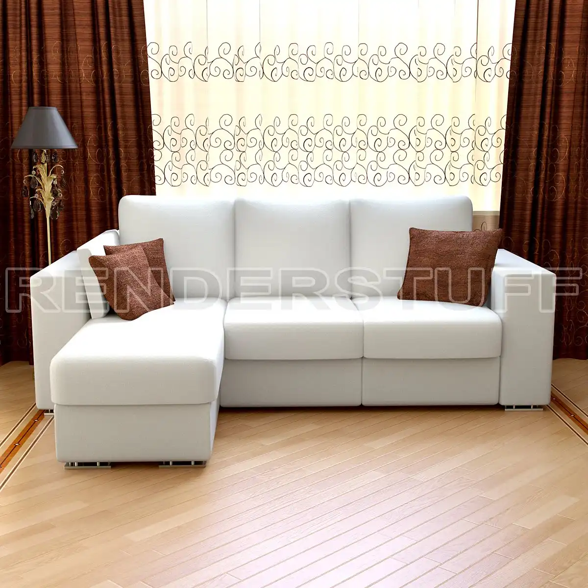 White Sofa w Brown Cushions Free 3D Model