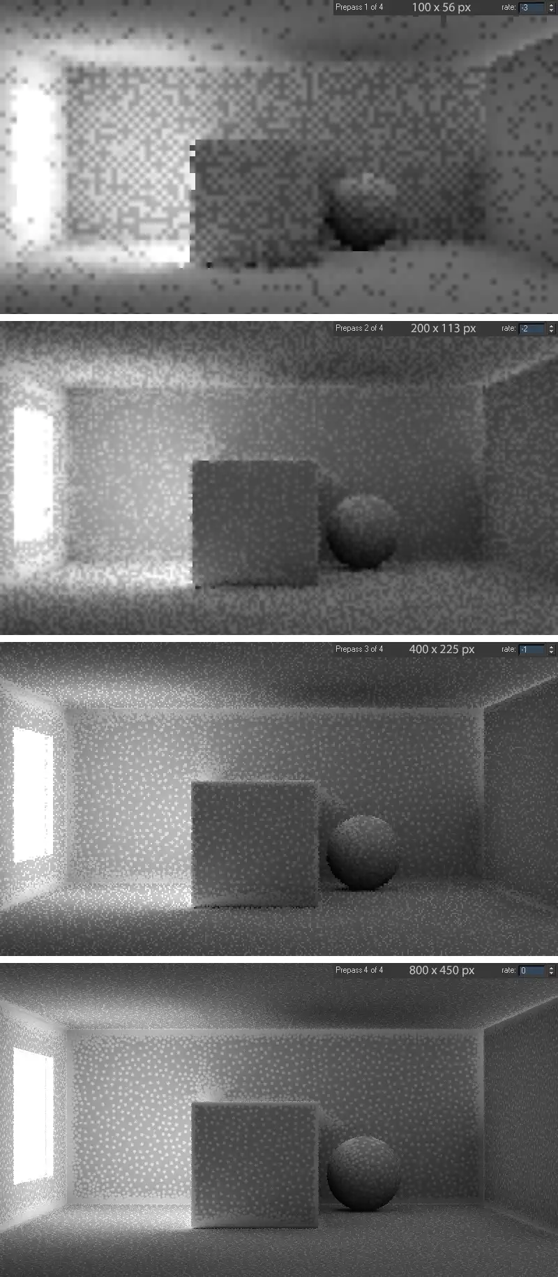 Four different phases of Irradiance map rendering process to see distribution of IM samples at different resolutions.