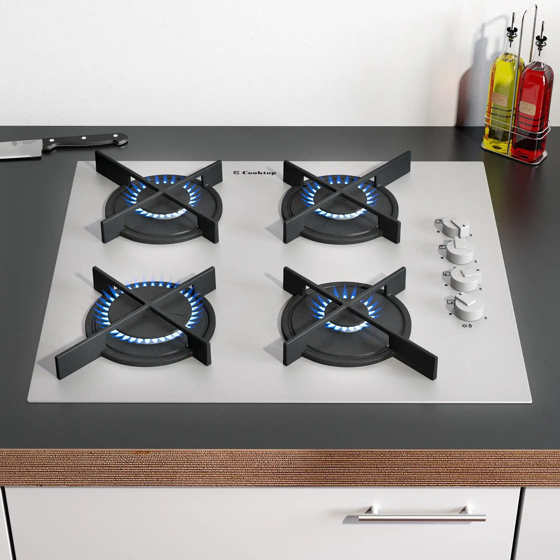 Photorealistic rendering of a 3d model of a white gas stove in the interior.