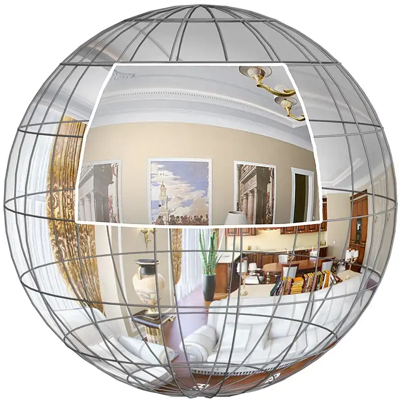 An infographics scheme with a sphere divided into sections, showing how the photographer captures 360-degree panoramas with flat photo camera shots.