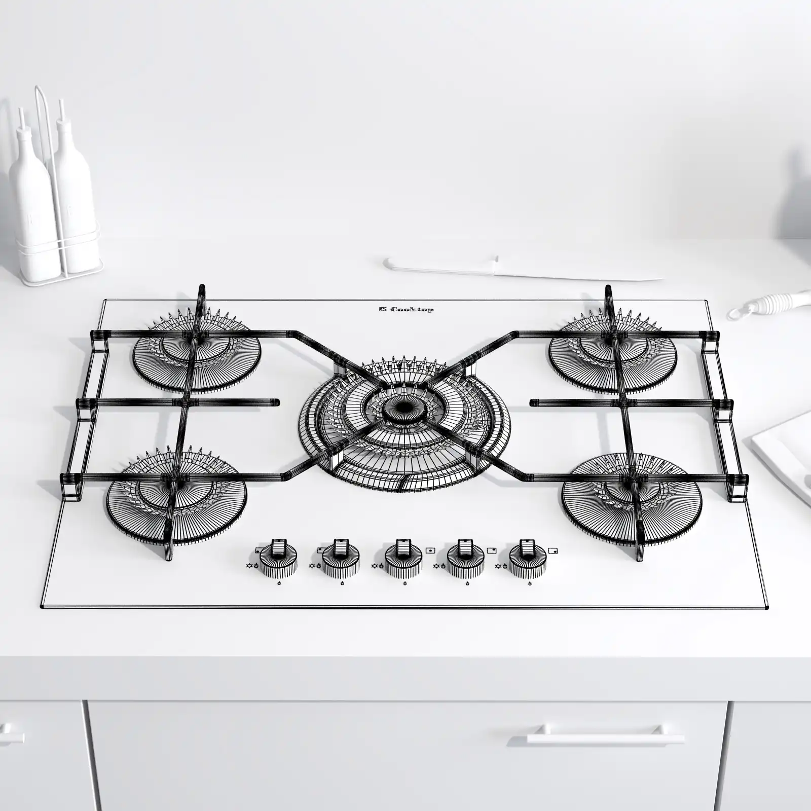 Wireframe rendering of a 3d model of a black cooktop with a large gas burner in the interior.