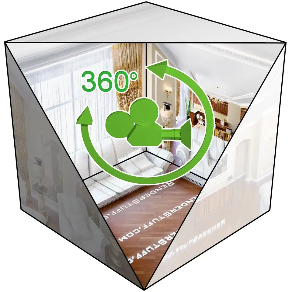 Illustration with a cube and a camera inside, which demonstrates how the technology of a spherical 360-degree panoramic viewer works from the inside.