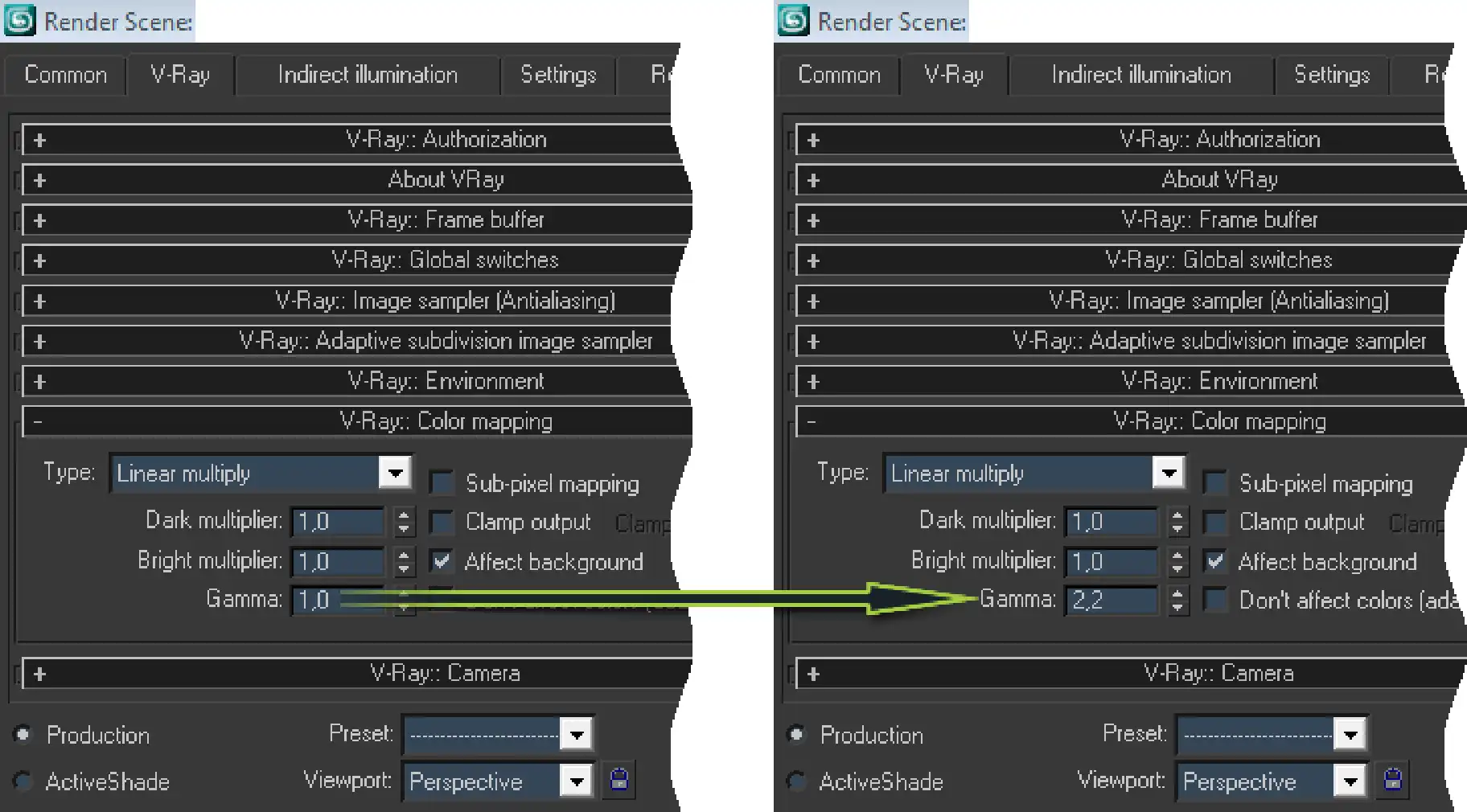 Instruction of how to set gamma 2.2 V-Ray color mapping in render scene dialog of 3ds Max. V-Ray Color Mapping Gamma Value