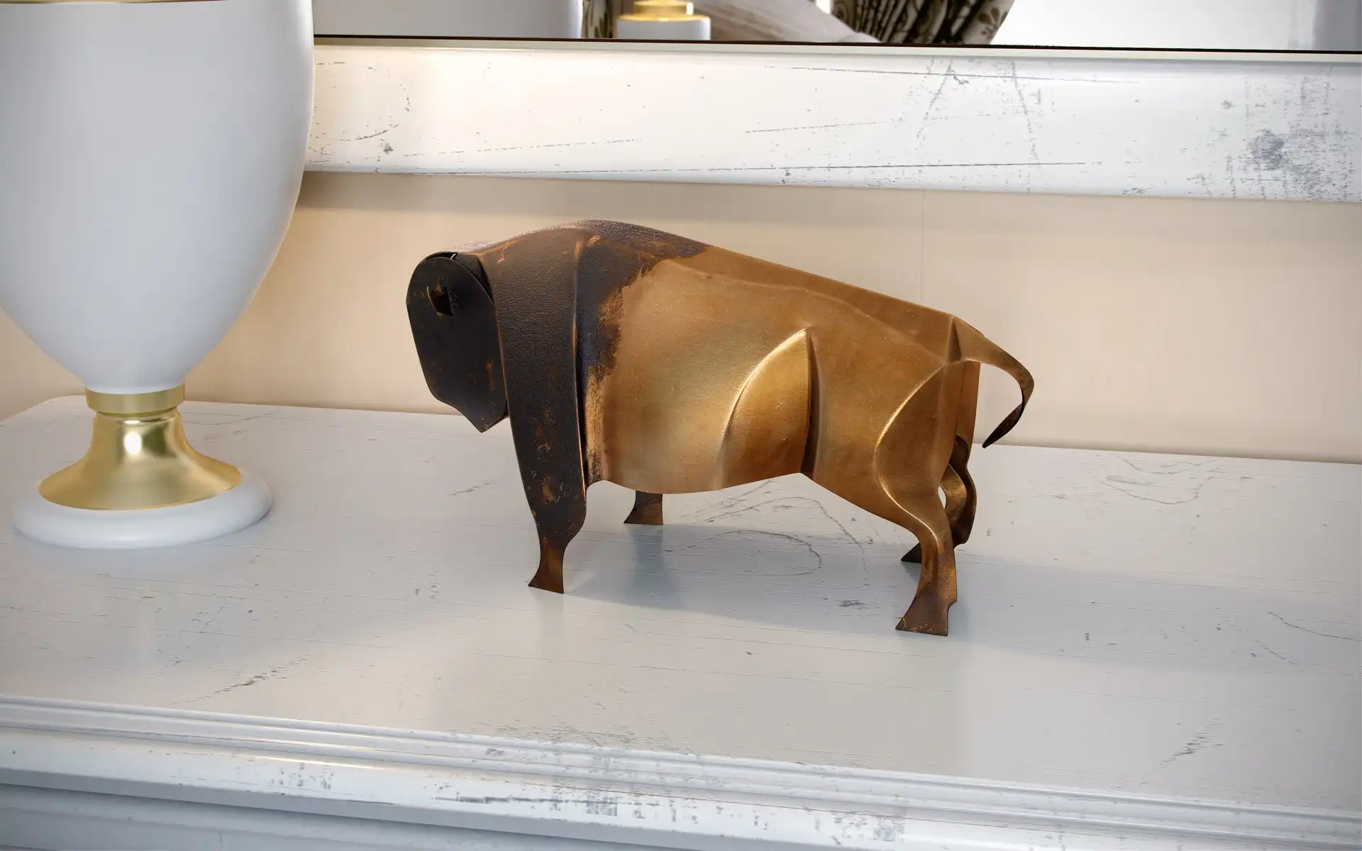 Photorealistic 3d visualization of a copper buffalo statuette 3D model that turned back and standing on a shelf.