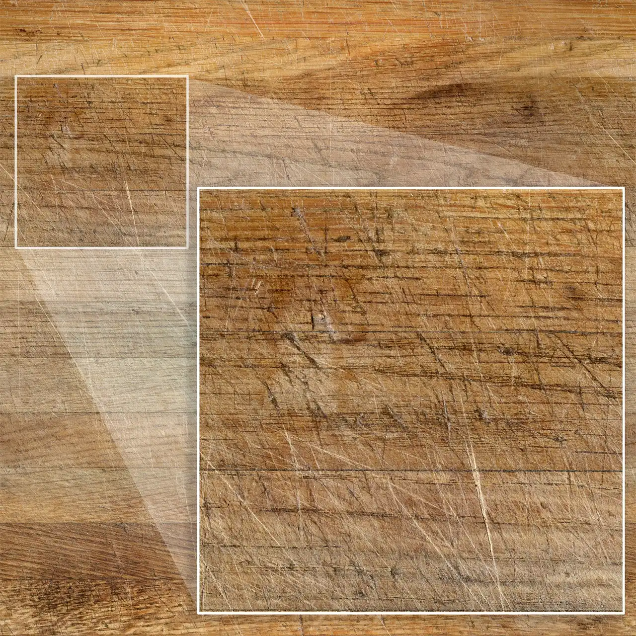 Diffuse texture from Old Wooden Cutting Board Seamless 4K PBR Texture Set level of details example close up.