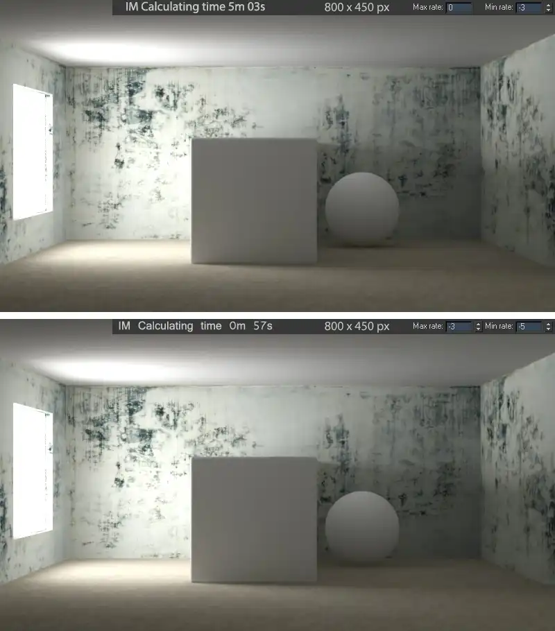 Visualization of test scene with different Min and Max rates values of Irradiance map to compare rendering time.