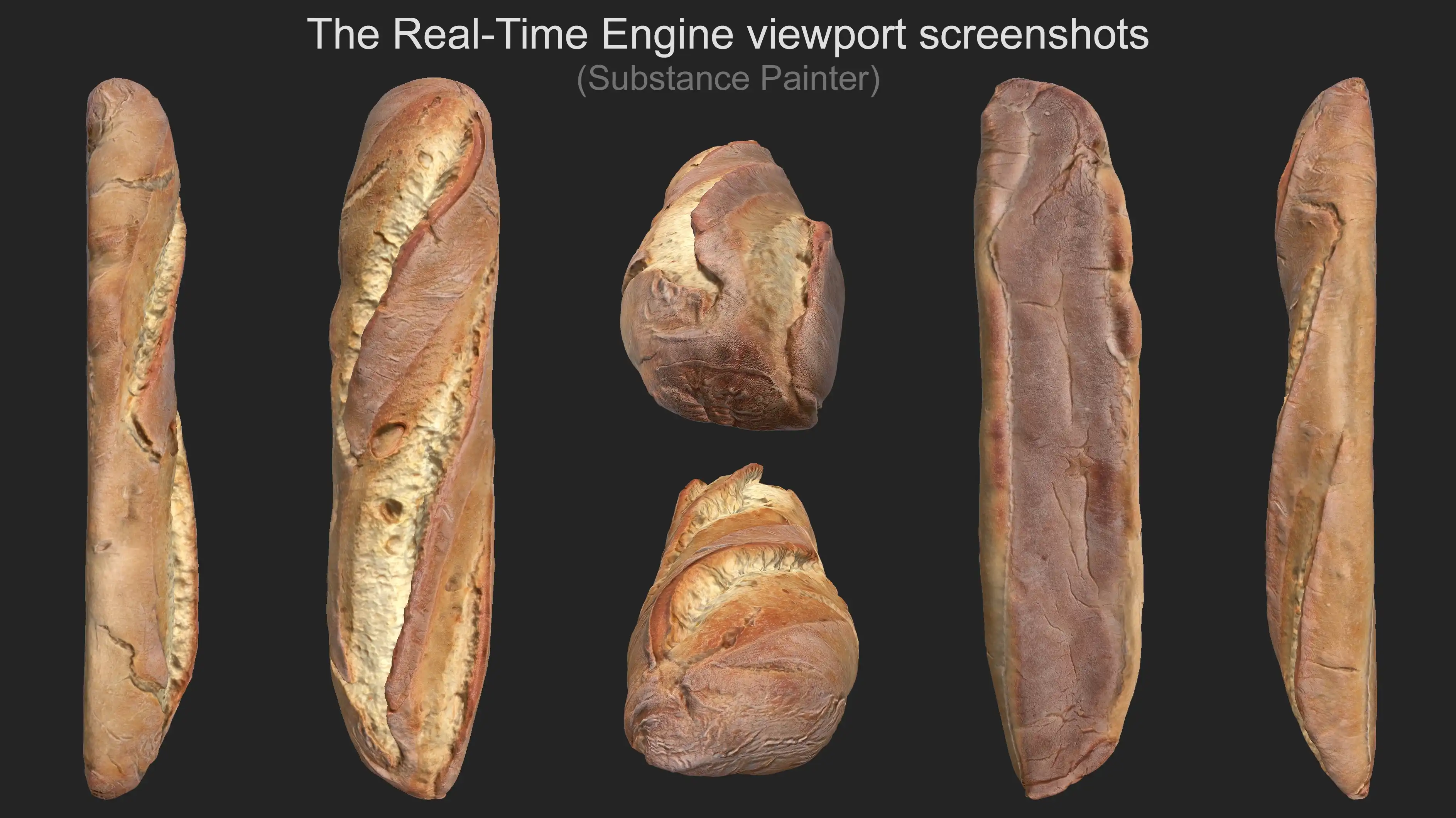 screenshots of the bread 3d model with pbr textures set in realtime renderer of substance painter