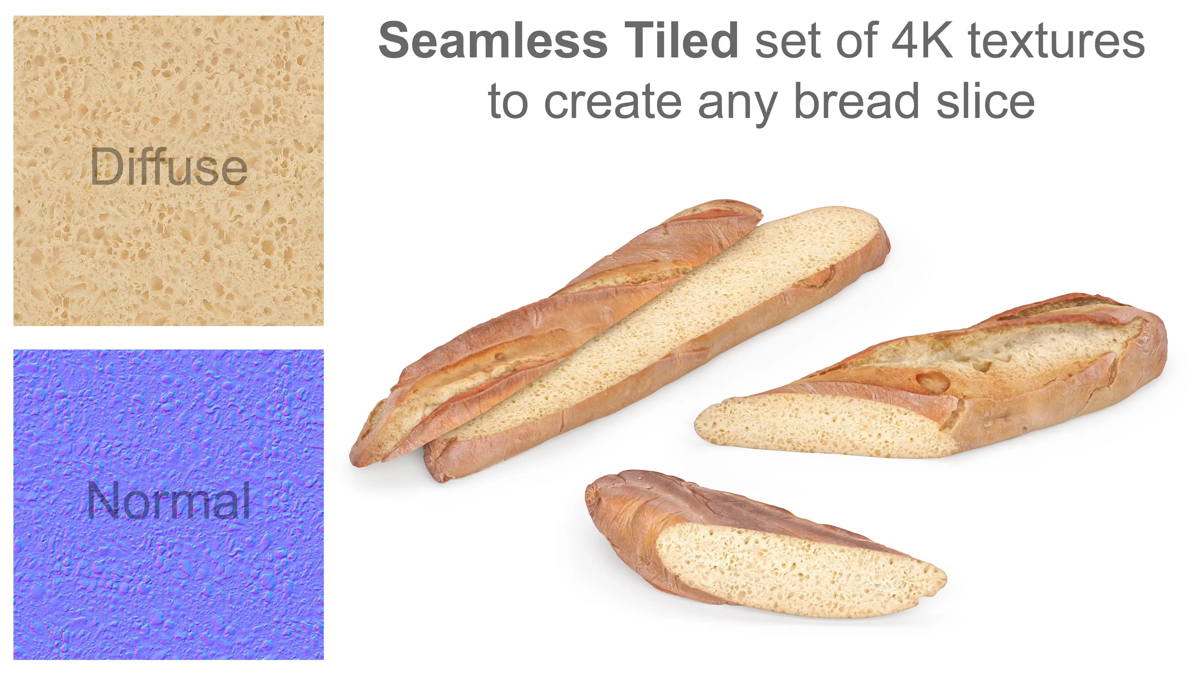 usage example of seamless tiled 4k textures set for baguette 3d asset