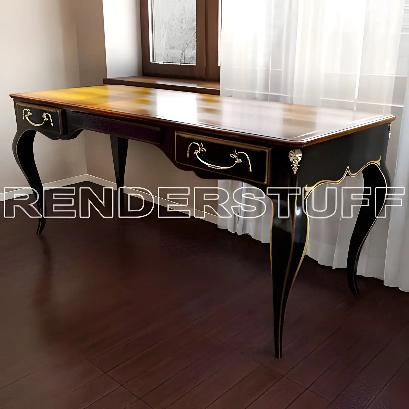 Vintage black lacquer desk 3D model with gold edges and amber top in a cozy interior scene.