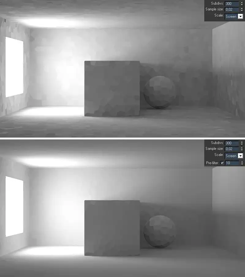 Two 3d visualizations comparison demonstrates an effect of the Light cache Pre-filter algorithm.