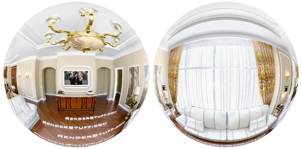 An example of how the fisheye distorted reflections of the environment in a mirror ball for shooting with a wide-angle lens will look like. A full 360-degree covering with a two fisheye hemisphere projections demo.
