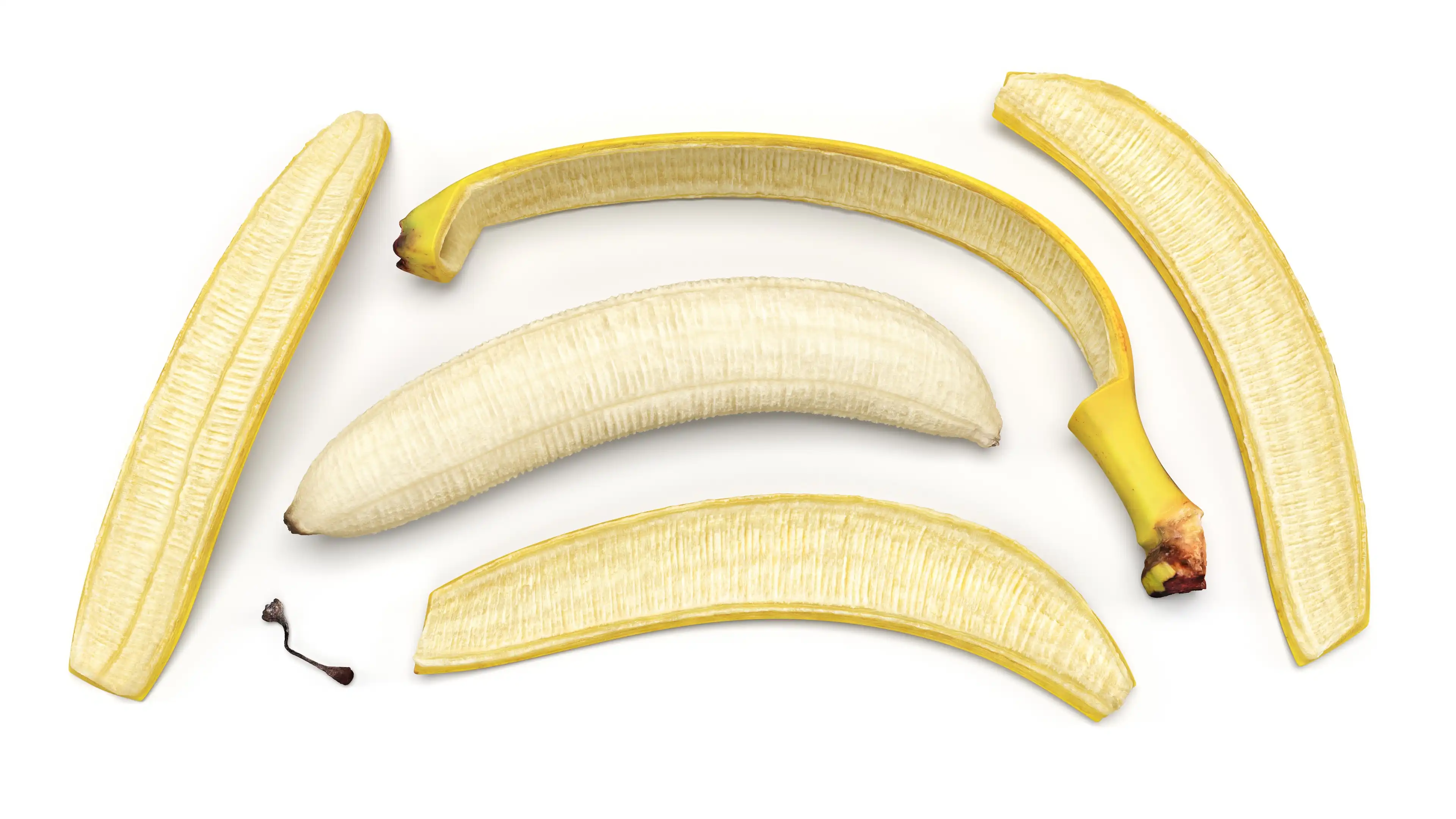 banana 3d model disassembled to soft banana inside, four peel sections and one banana flower