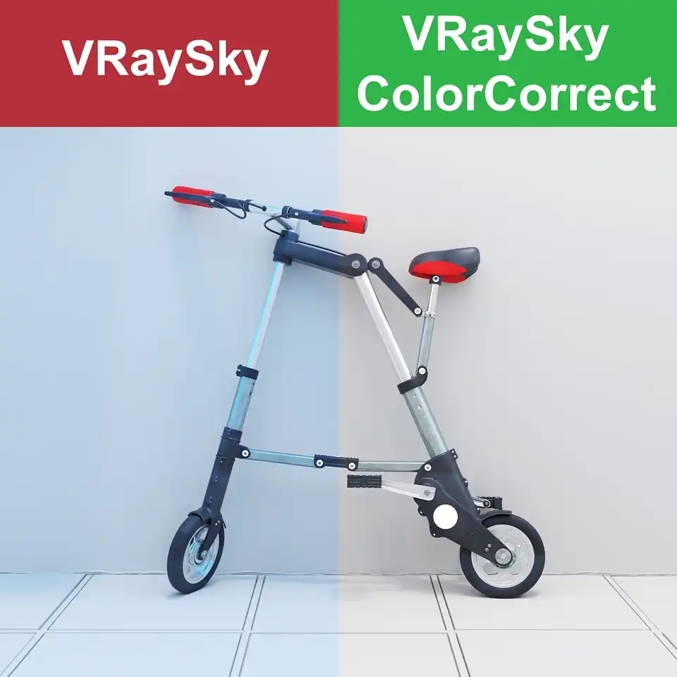 Visualization results comparison with VRaySky by default and VRaySky with reduced saturation using ColorCorrect.