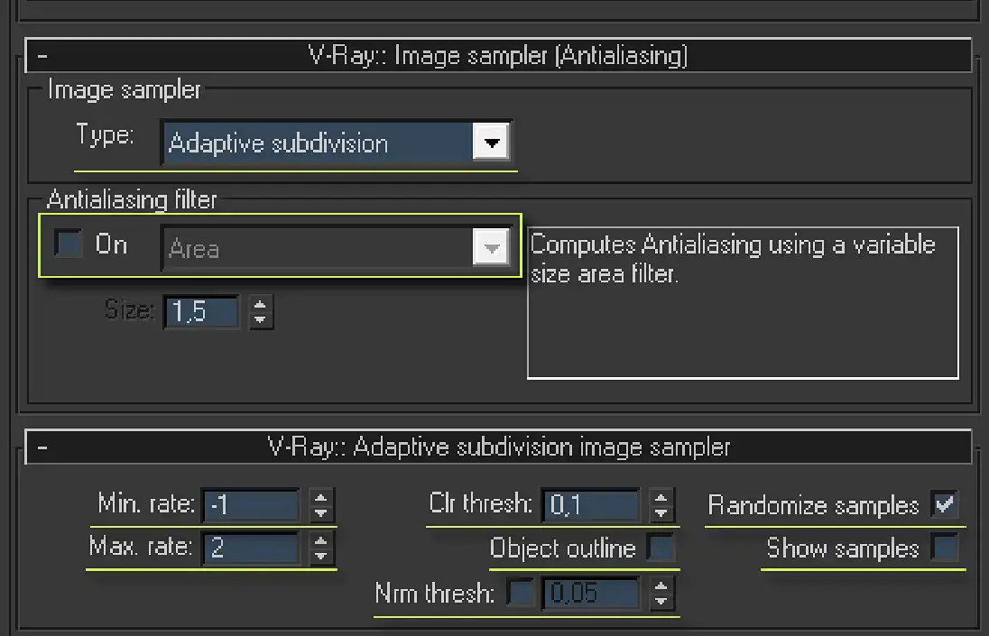 Screenshot of V-Ray Image Sampler (Antialiasing) rollout with Adaptive subdivision type and without Antialiasing filter.