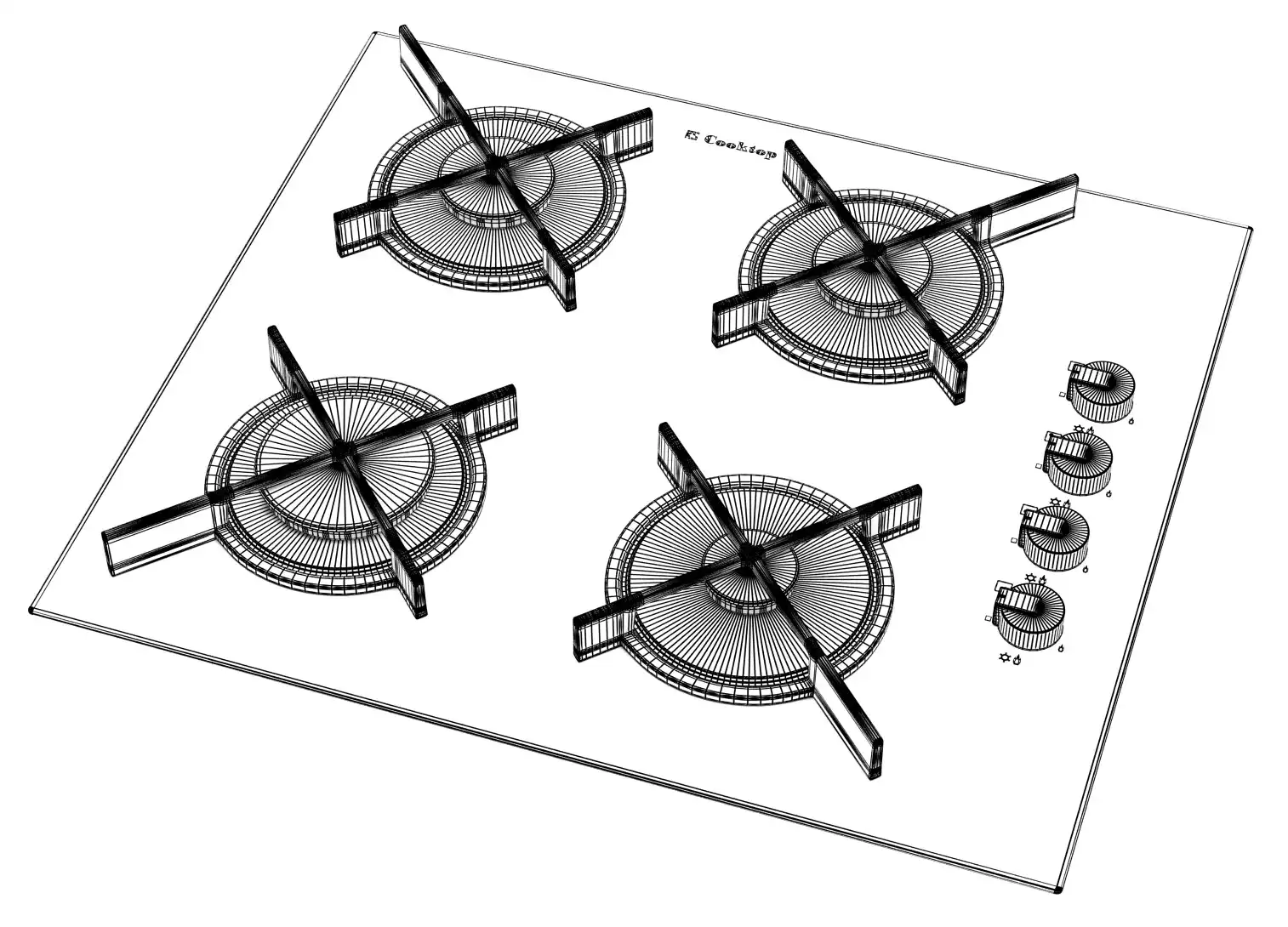 Wireframe rendering of a 3d model of a white gas stove. Perspective view.