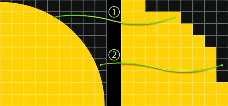 Infographics showing essence of aliasing phenomenon in computer graphics on example of rasterization of a vector figure.