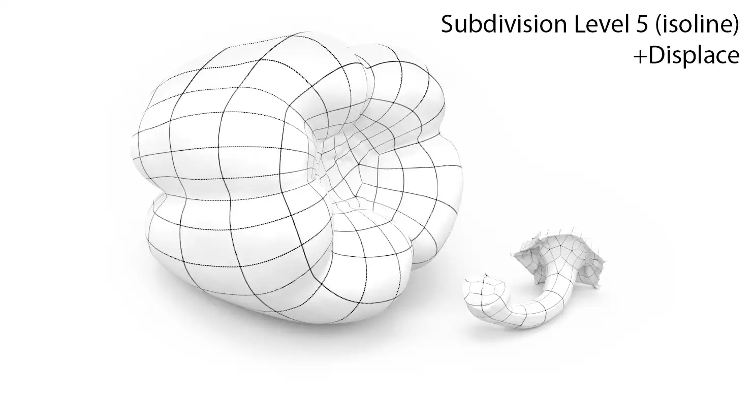 The wireframe render of the red bell pepper 3d model with TurboSmooth and mesh Displace modifier applied. It shows how provided displacement map of this 3d asset, adds a lot of details from original scan.