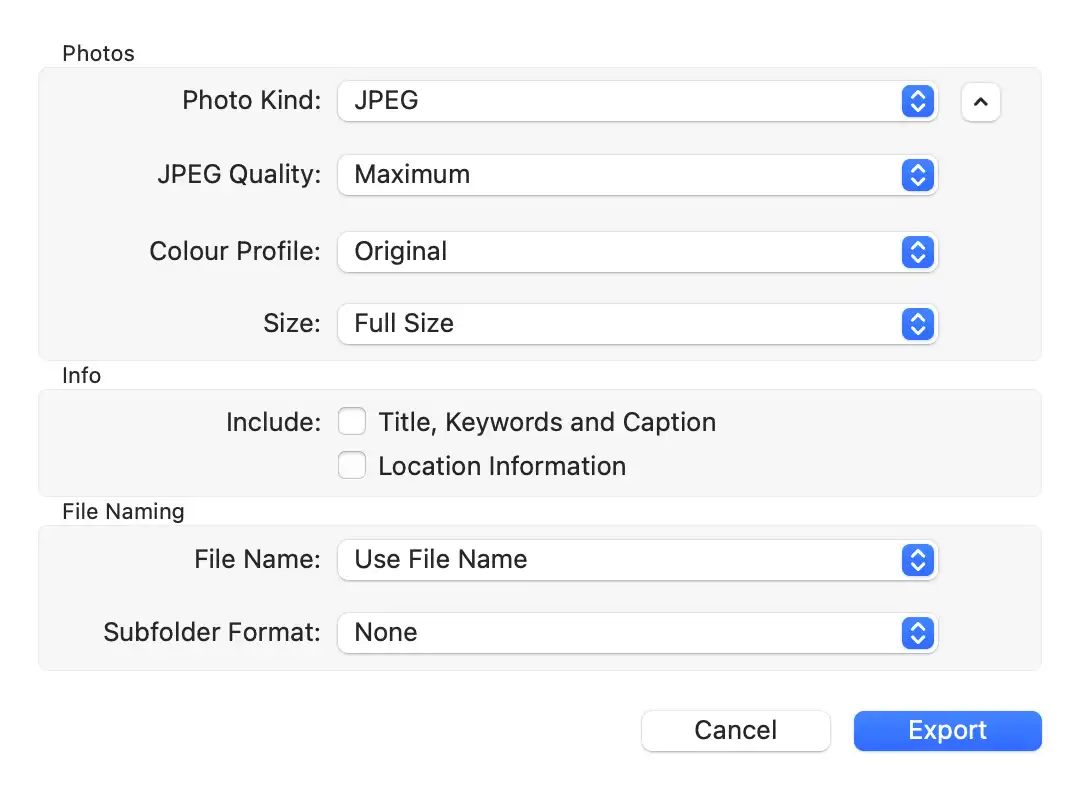 Dialog for exporting HEIC photos to JPEG in Mac's Photos app