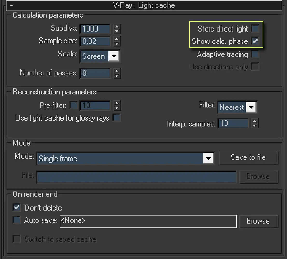 Screenshot of V-Ray:: Light cache rollout located in Indirect illumination tab that displays optimal GI engine settings.