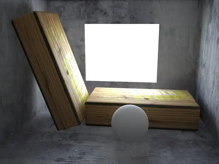 Two wooden boxes and a sphere. 3D rendering in 3ds Max & V-Ray with Gamma 1.0. The lack of gamma correction is compensated by additional ambient lighting, which washes away shadows and creates renderings of 'flying' objects.