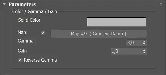 Screenshot of the 3ds Max standard ColorMap map parameters interface with Gradient Ramp in map slot. This image illustrates a Color Map gamma correction abilities.